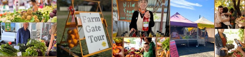 Images of vegetables and farmers markets with a people smiling and purchasing food