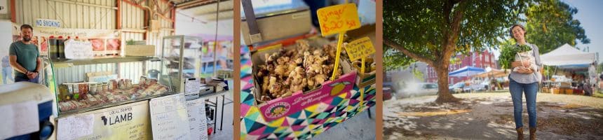 Images of a meat seller fresh ginger and a smiling woman who has a bag of produce bought a the markets 